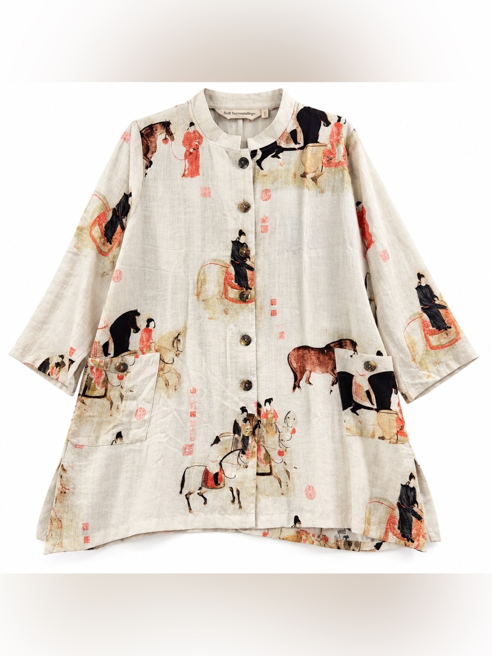 Soft Surroundings Song Dynasty Equestrian Horse Print Long Tunic Jacket